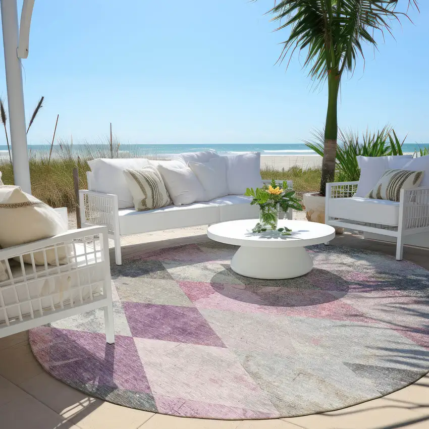 8' Blush And Gray Round Geometric Washable Indoor Outdoor Area Rug Photo 5