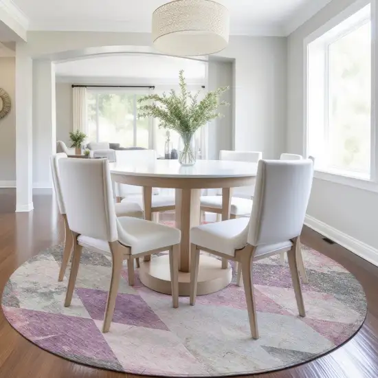 8' Blush And Gray Round Geometric Washable Indoor Outdoor Area Rug Photo 6