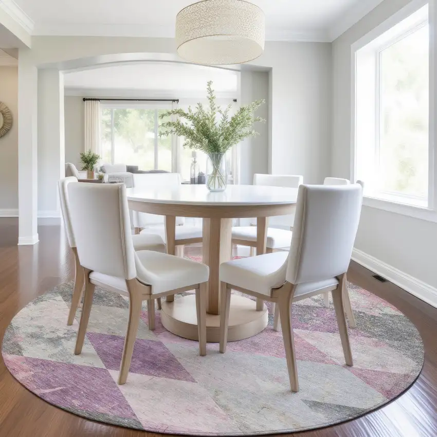 8' Blush And Gray Round Geometric Washable Indoor Outdoor Area Rug Photo 6