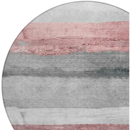 8' Blush And Gray Round Striped Washable Indoor Outdoor Area Rug Photo 4