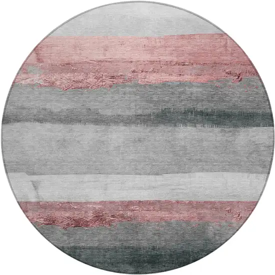 8' Blush And Gray Round Striped Washable Indoor Outdoor Area Rug Photo 1
