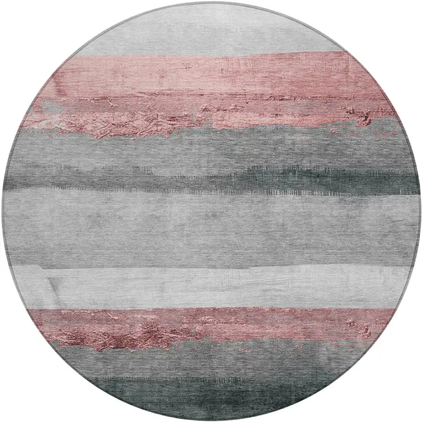 8' Blush And Gray Round Striped Washable Indoor Outdoor Area Rug Photo 1