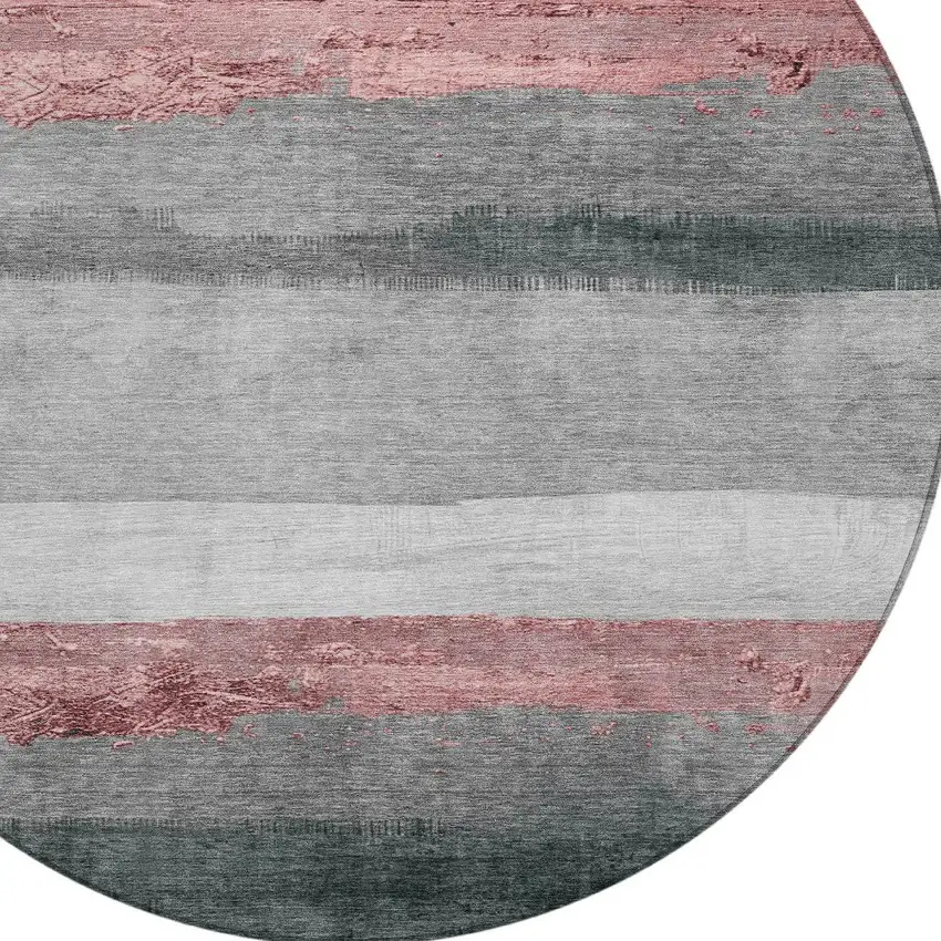 8' Blush And Gray Round Striped Washable Indoor Outdoor Area Rug Photo 8