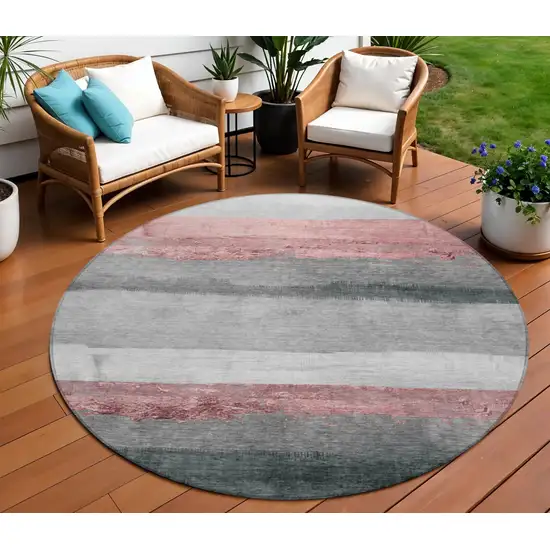 8' Blush And Gray Round Striped Washable Indoor Outdoor Area Rug Photo 2