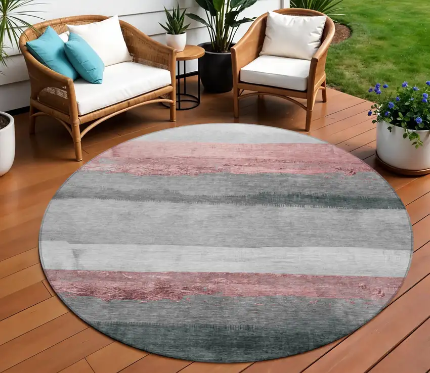 8' Blush And Gray Round Striped Washable Indoor Outdoor Area Rug Photo 2