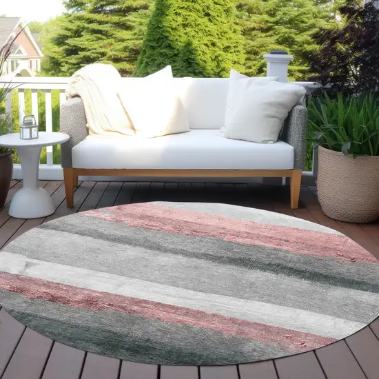 8' Blush And Gray Round Striped Washable Indoor Outdoor Area Rug Photo 5