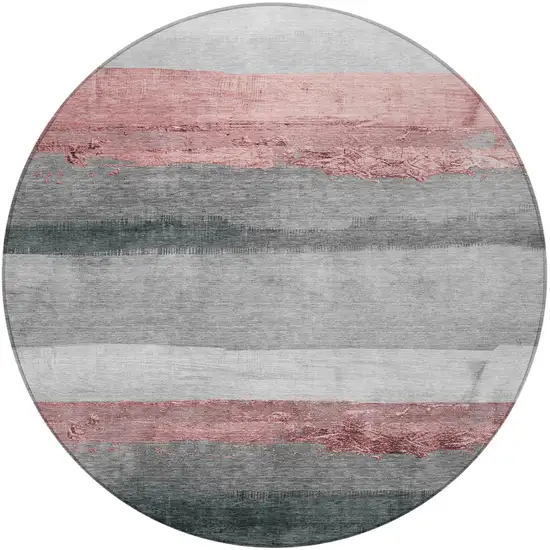 8' Blush And Gray Round Striped Washable Indoor Outdoor Area Rug Photo 3