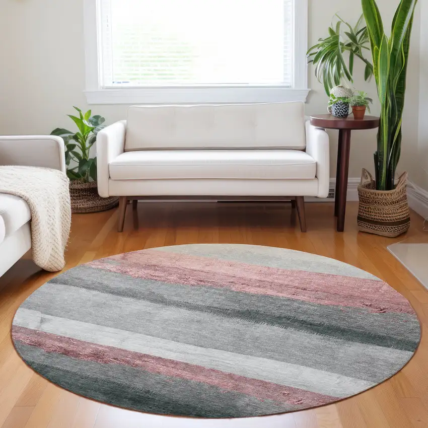8' Blush And Gray Round Striped Washable Indoor Outdoor Area Rug Photo 6