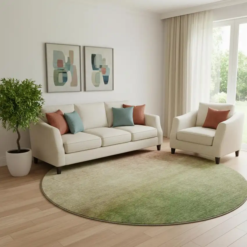 8' Blush And Green Ombre Washable Round Rug With UV Protection Photo 1