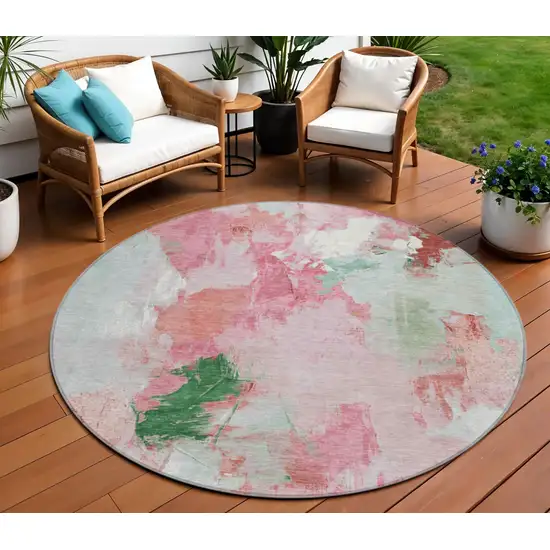 8' Blush And Green Round Abstract Washable Indoor Outdoor Area Rug Photo 2