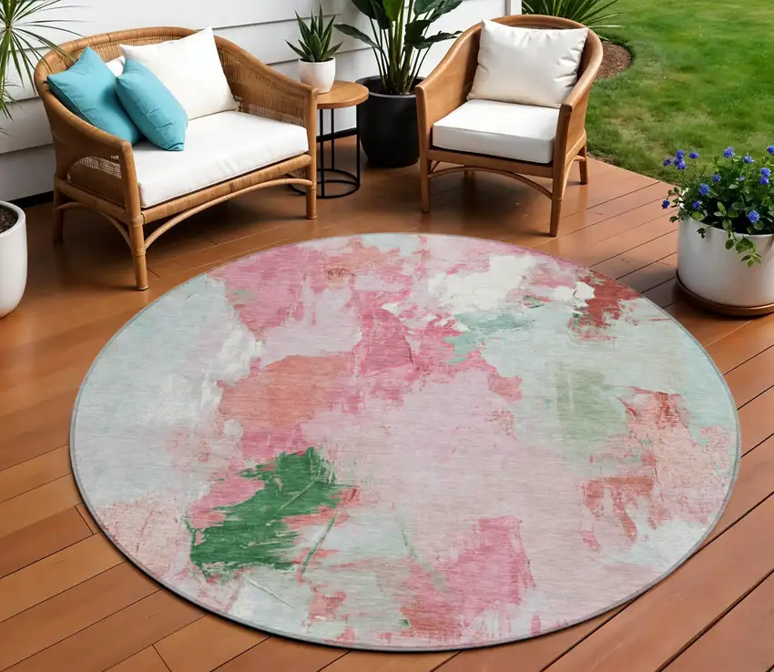 8' Blush And Green Round Abstract Washable Indoor Outdoor Area Rug Photo 2