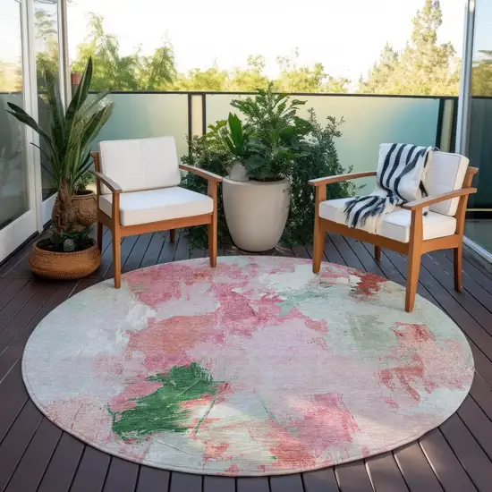 8' Blush And Green Round Abstract Washable Indoor Outdoor Area Rug Photo 5