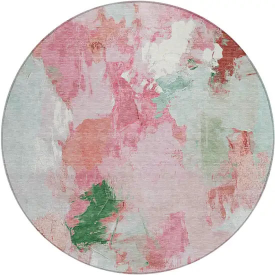 8' Blush And Green Round Abstract Washable Indoor Outdoor Area Rug Photo 1