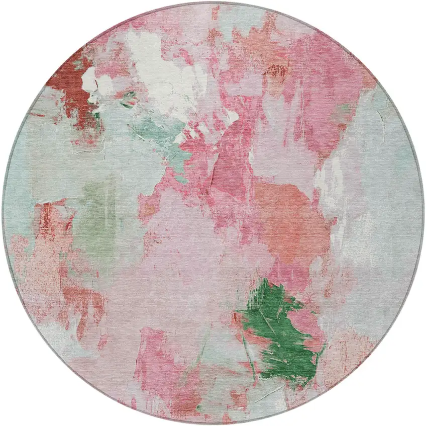 8' Blush And Green Round Abstract Washable Indoor Outdoor Area Rug Photo 3
