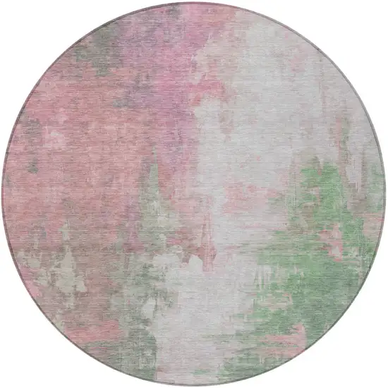 8' Blush And Green Round Abstract Washable Indoor Outdoor Area Rug Photo 3