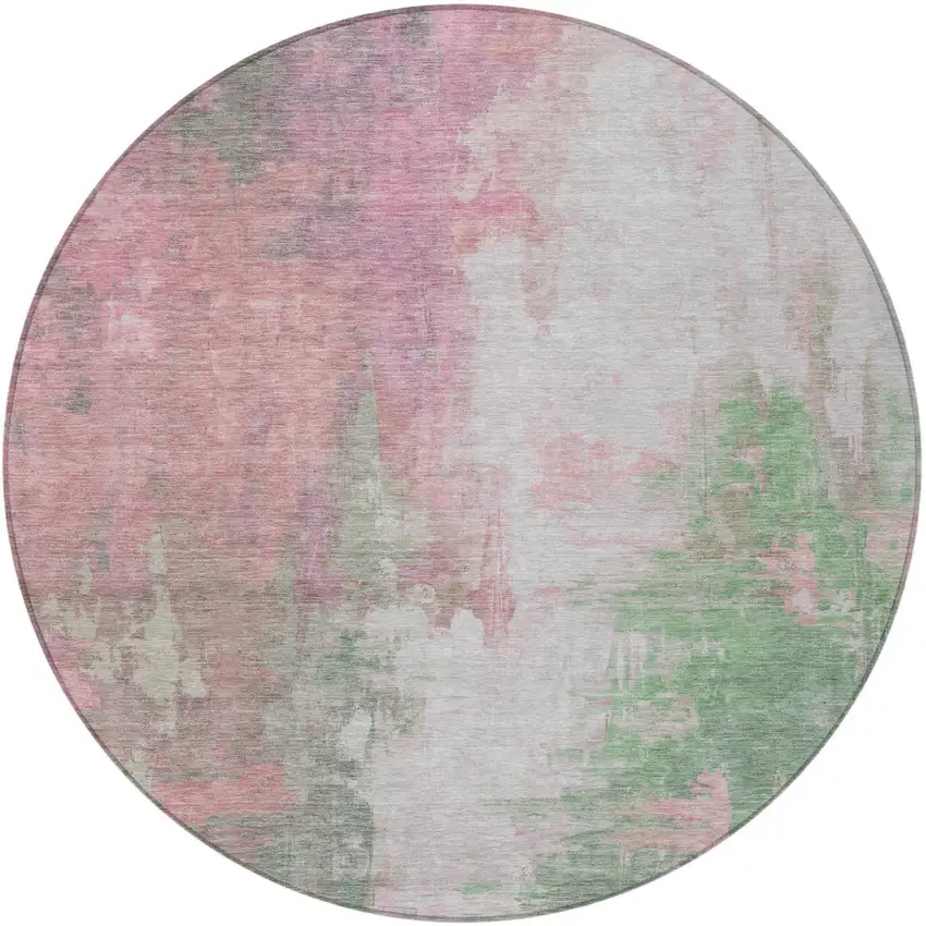8' Blush And Green Round Abstract Washable Indoor Outdoor Area Rug Photo 3