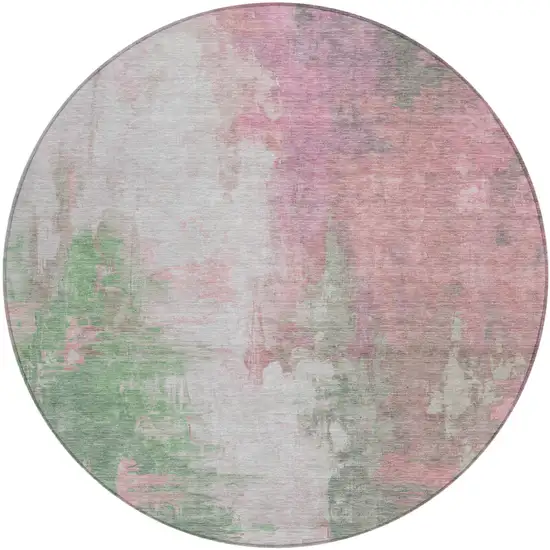 8' Blush And Green Round Abstract Washable Indoor Outdoor Area Rug Photo 1