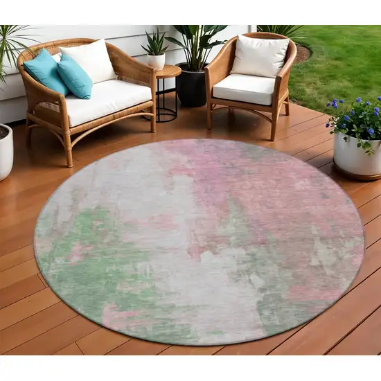 8' Blush And Green Round Abstract Washable Indoor Outdoor Area Rug Photo 2