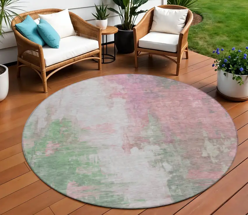 8' Blush And Green Round Abstract Washable Indoor Outdoor Area Rug Photo 2