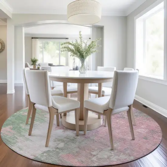 8' Blush And Green Round Abstract Washable Indoor Outdoor Area Rug Photo 6