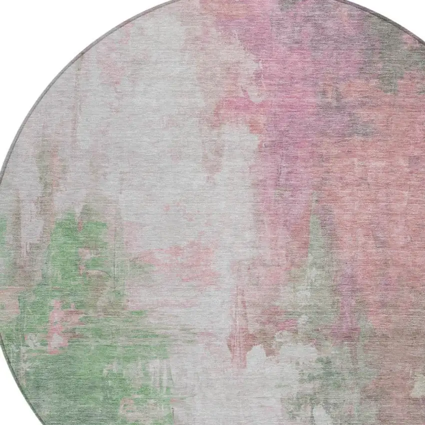 8' Blush And Green Round Abstract Washable Indoor Outdoor Area Rug Photo 4
