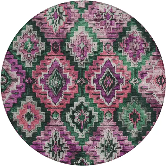8' Blush And Green Round Aztec Washable Indoor Outdoor Area Rug Photo 1