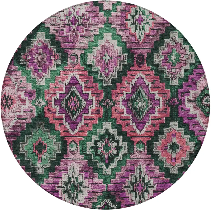 8' Blush And Green Round Aztec Washable Indoor Outdoor Area Rug Photo 3