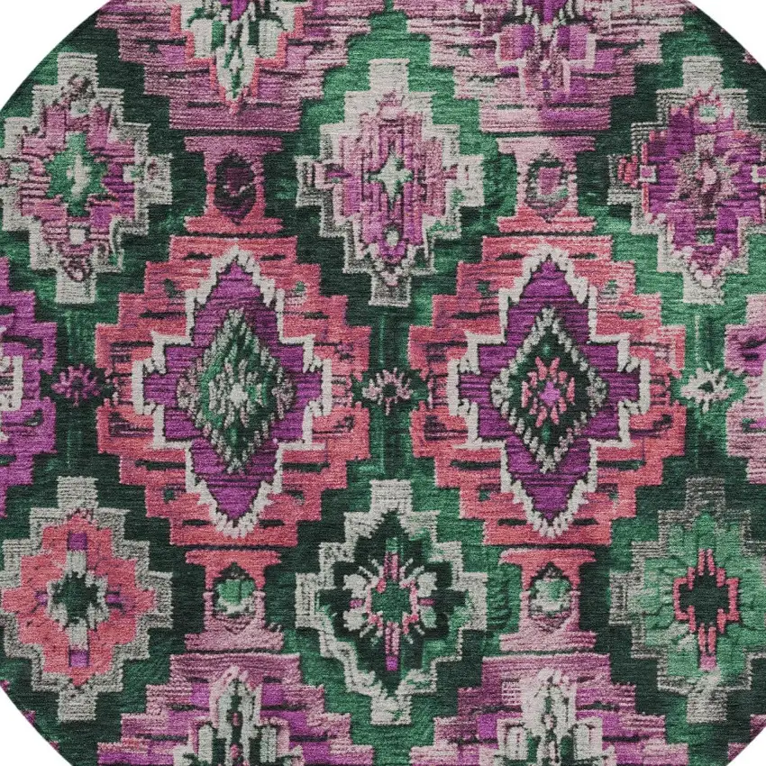 8' Blush And Green Round Aztec Washable Indoor Outdoor Area Rug Photo 8