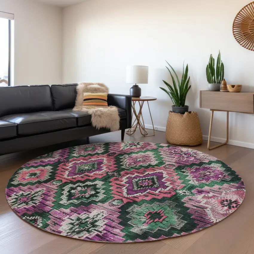 8' Blush And Green Round Aztec Washable Indoor Outdoor Area Rug Photo 6