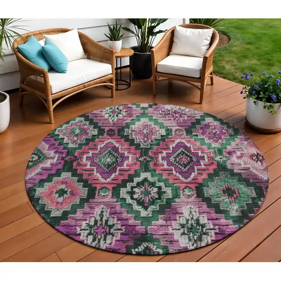 8' Blush And Green Round Aztec Washable Indoor Outdoor Area Rug Photo 2