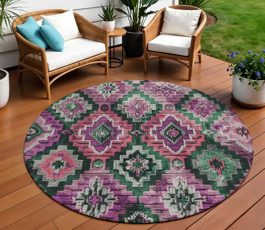 8' Blush And Green Round Aztec Washable Indoor Outdoor Area Rug Photo 2