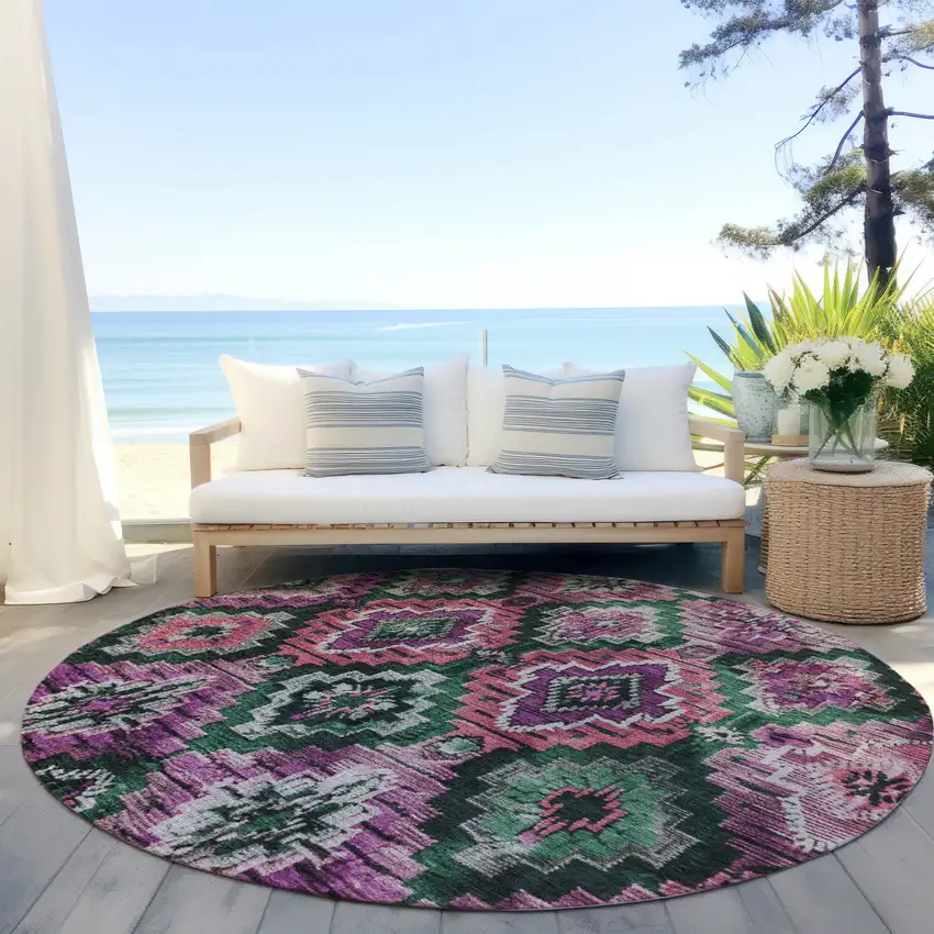 8' Blush And Green Round Aztec Washable Indoor Outdoor Area Rug Photo 5