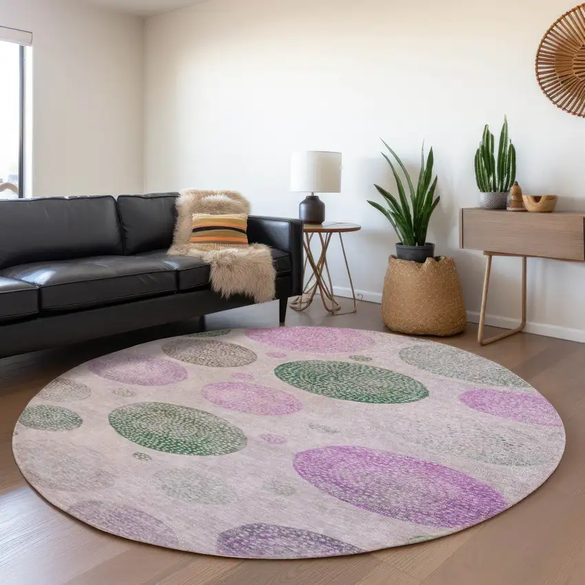 8' Blush And Green Round Geometric Washable Indoor Outdoor Area Rug Photo 6