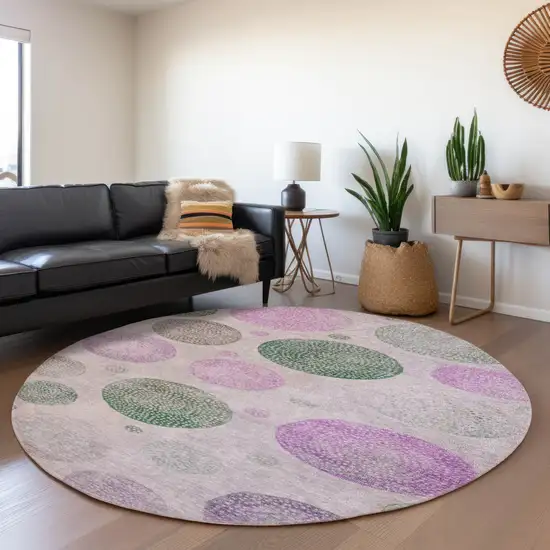 8' Blush And Green Round Geometric Washable Indoor Outdoor Area Rug Photo 6