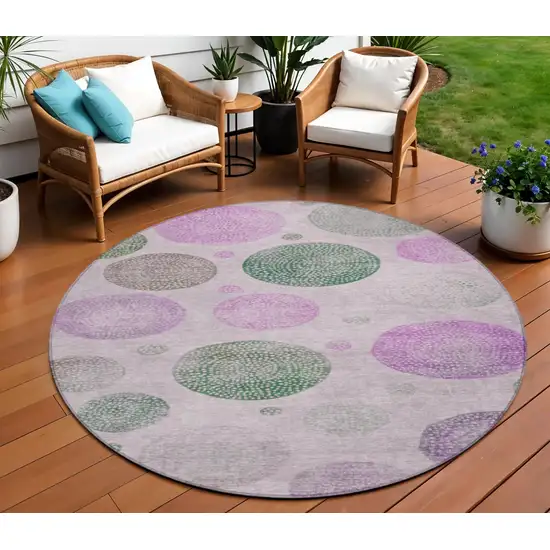 8' Blush And Green Round Geometric Washable Indoor Outdoor Area Rug Photo 2