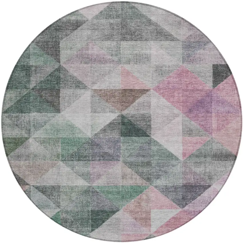 8' Blush And Green Round Geometric Washable Indoor Outdoor Area Rug Photo 1