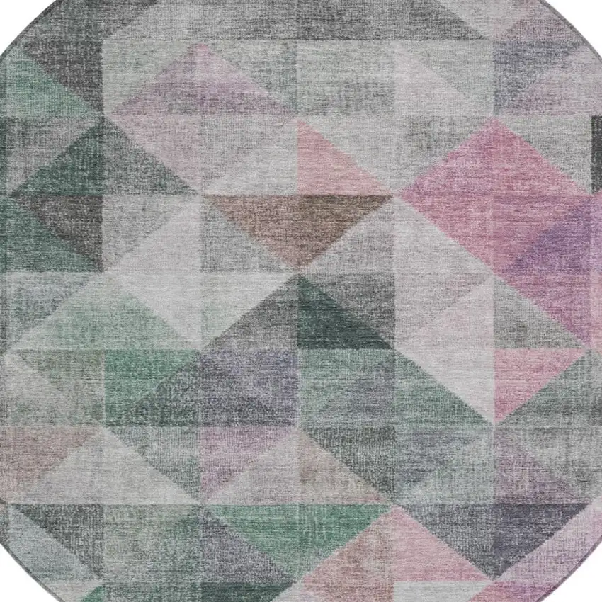 8' Blush And Green Round Geometric Washable Indoor Outdoor Area Rug Photo 4