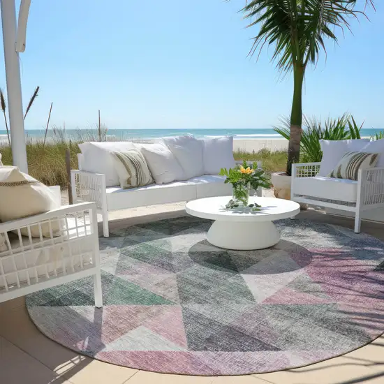 8' Blush And Green Round Geometric Washable Indoor Outdoor Area Rug Photo 5