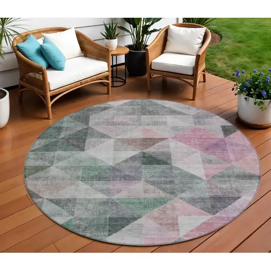 8' Blush And Green Round Geometric Washable Indoor Outdoor Area Rug Photo 2