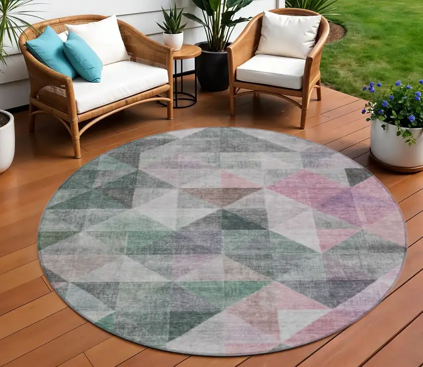 8' Blush And Green Round Geometric Washable Indoor Outdoor Area Rug Photo 2