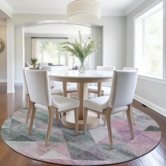 8' Blush And Green Round Geometric Washable Indoor Outdoor Area Rug Photo 6