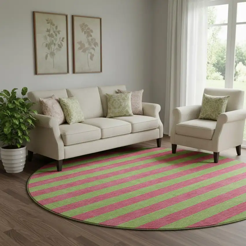 8' Blush And Green Striped Washable Round Rug With UV Protection Photo 1