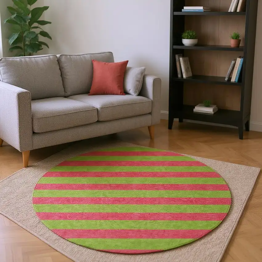 8' Blush And Green Striped Washable Round Rug With UV Protection Photo 2