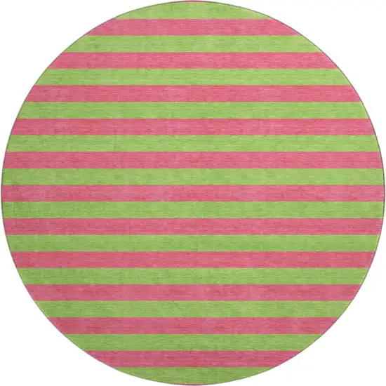 8' Blush And Green Striped Washable Round Rug With UV Protection Photo 1