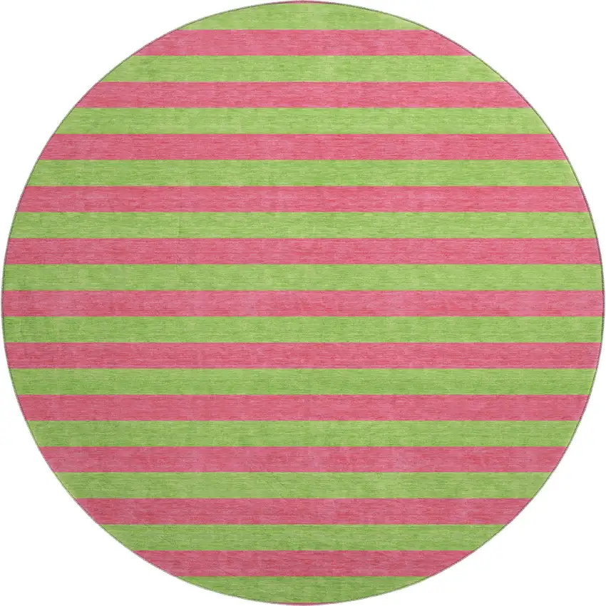 8' Blush And Green Striped Washable Round Rug With UV Protection Photo 1