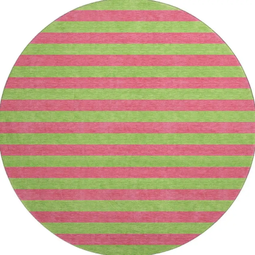 8' Blush And Green Striped Washable Round Rug With UV Protection Photo 4