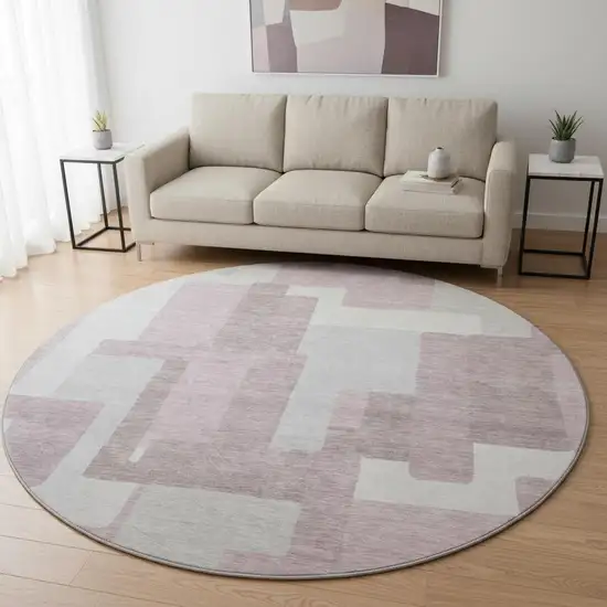 8' Blush And Ivory Abstract Geometric Washable Round Rug With UV Protection Photo 2