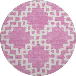 Photo of 8' Blush And Ivory Abstract Geometric Washable Round Rug With UV Protection