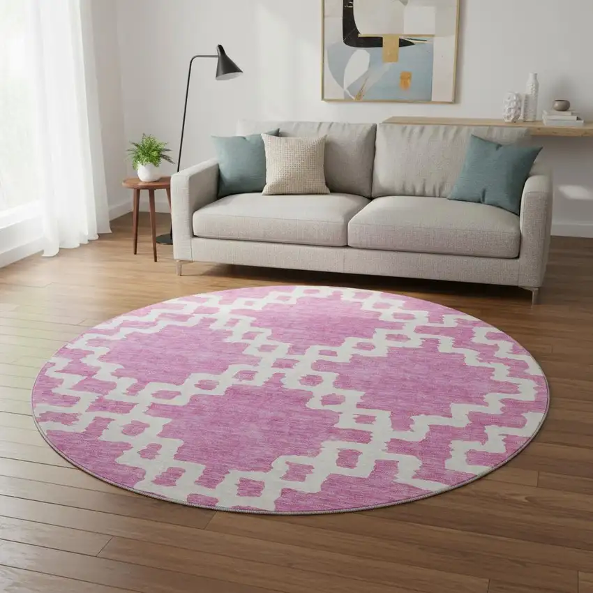 8' Blush And Ivory Abstract Geometric Washable Round Rug With UV Protection Photo 2