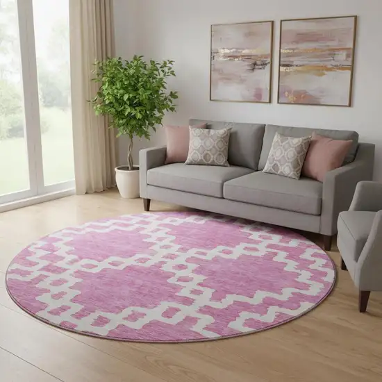 8' Blush And Ivory Abstract Geometric Washable Round Rug With UV Protection Photo 1
